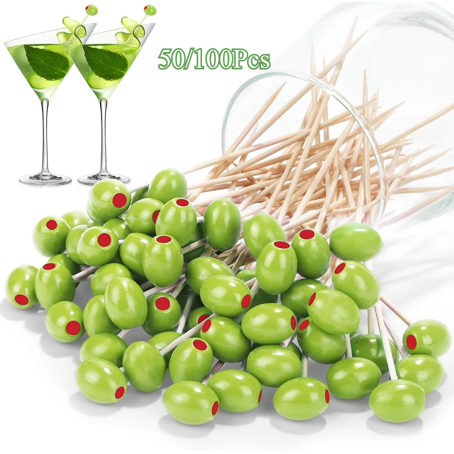 Olive Cocktail Picks, 3D Wooden Olive Bamboo Toothpicks for Appetizers, Fruit, Cake, BBQ, Christmas Birthday Party Buffet Decor