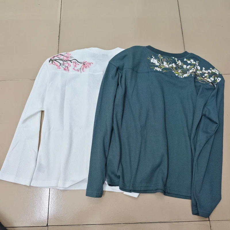 

Mens Waffle Long Sleeve T-Shirt Embroidery Cherry Blossom Derschutze Blossom Loose Casual Top Breathable Comfort Fit