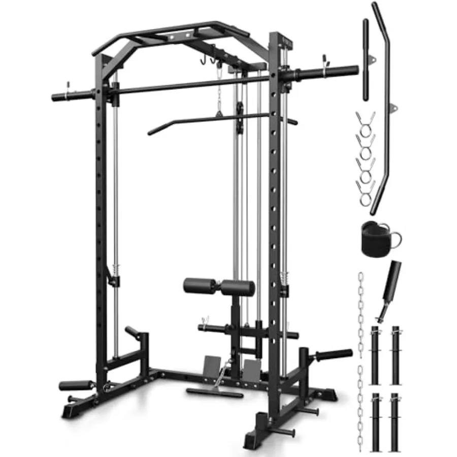 Home gym squat rack with steel frame, black finish, space-saving design, 1:1 ratio strength training, includes 8 free attachmen