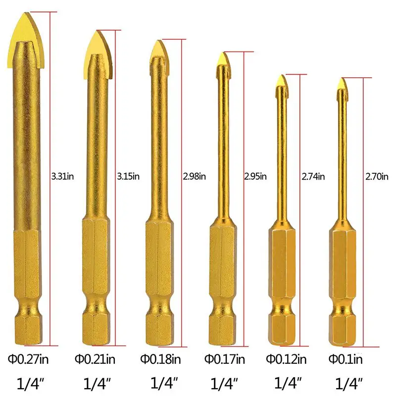 Set di punte per trapano in vetro da 6 pezzi Set di foratura in ceramica per piastrelle 3/4/5/6/8/10mm con gambo esagonale da 1/4 di pollice per specchio in marmo porcellanato