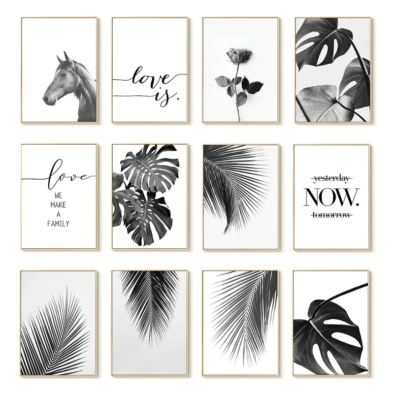 Black and White Palm Leaf Plant Art Poster Modern Aesthetics Printing Canvas Painting Horse Picture Hotel Auditorium Decoration