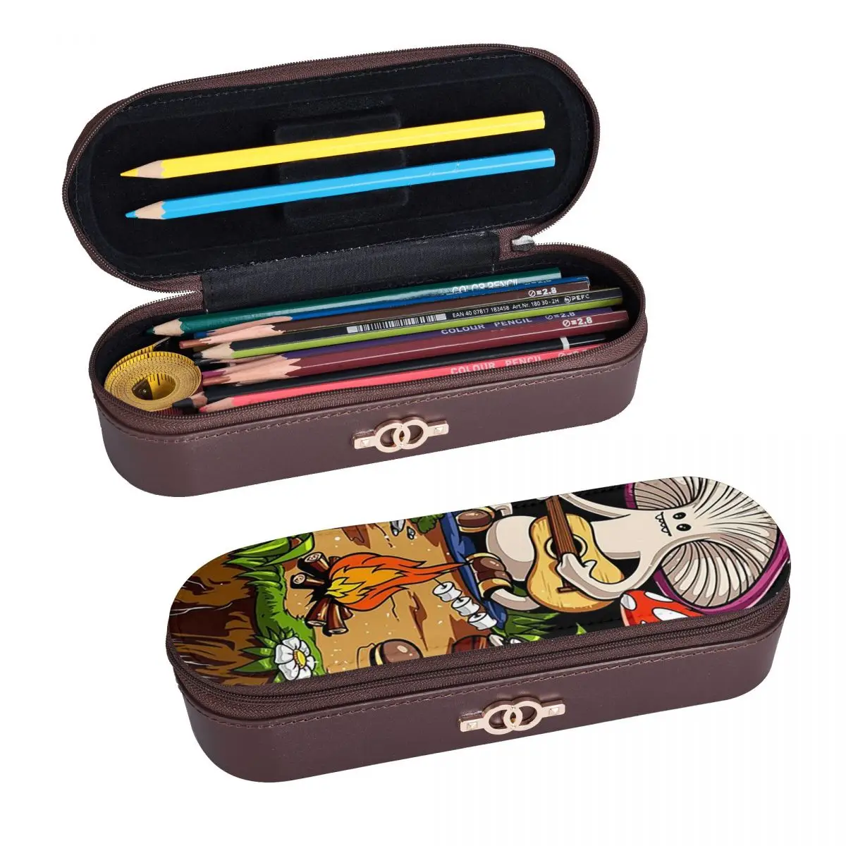 Hippie Magic Mushroom Leather Pencil Case Pen Holder Storage Stationery Supplies Pen Box Pencil Bag for Boys Girls School