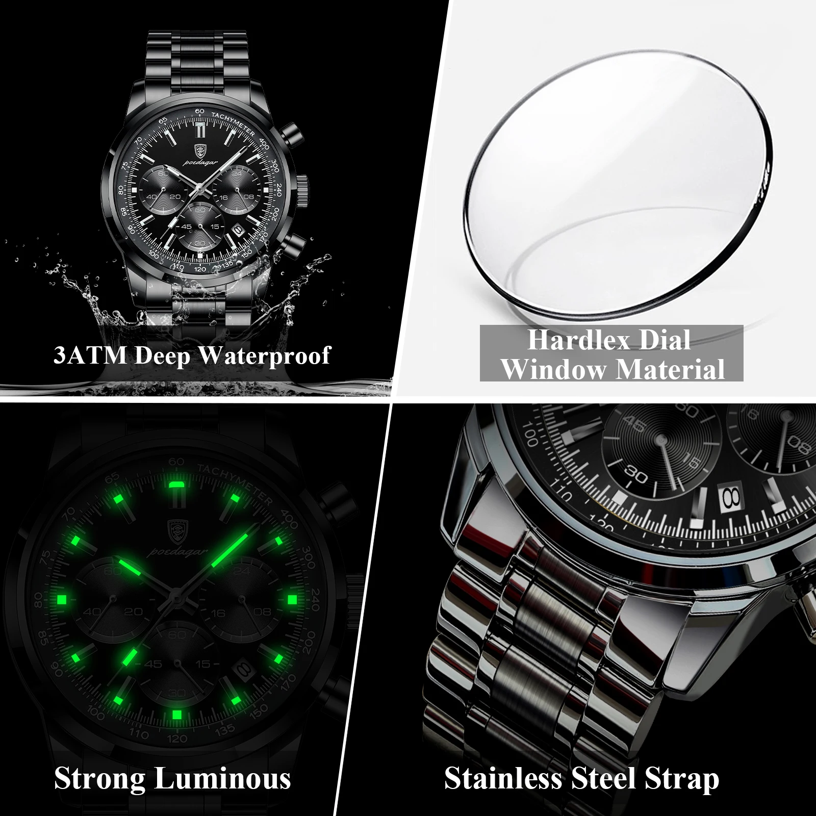 포에다가 탑 기능성 남성용 시계 방수 야광 크로노그래프 날짜 남성용 손목시계 스테인리스 스틸 스포츠 남성용 쿼츠 시계