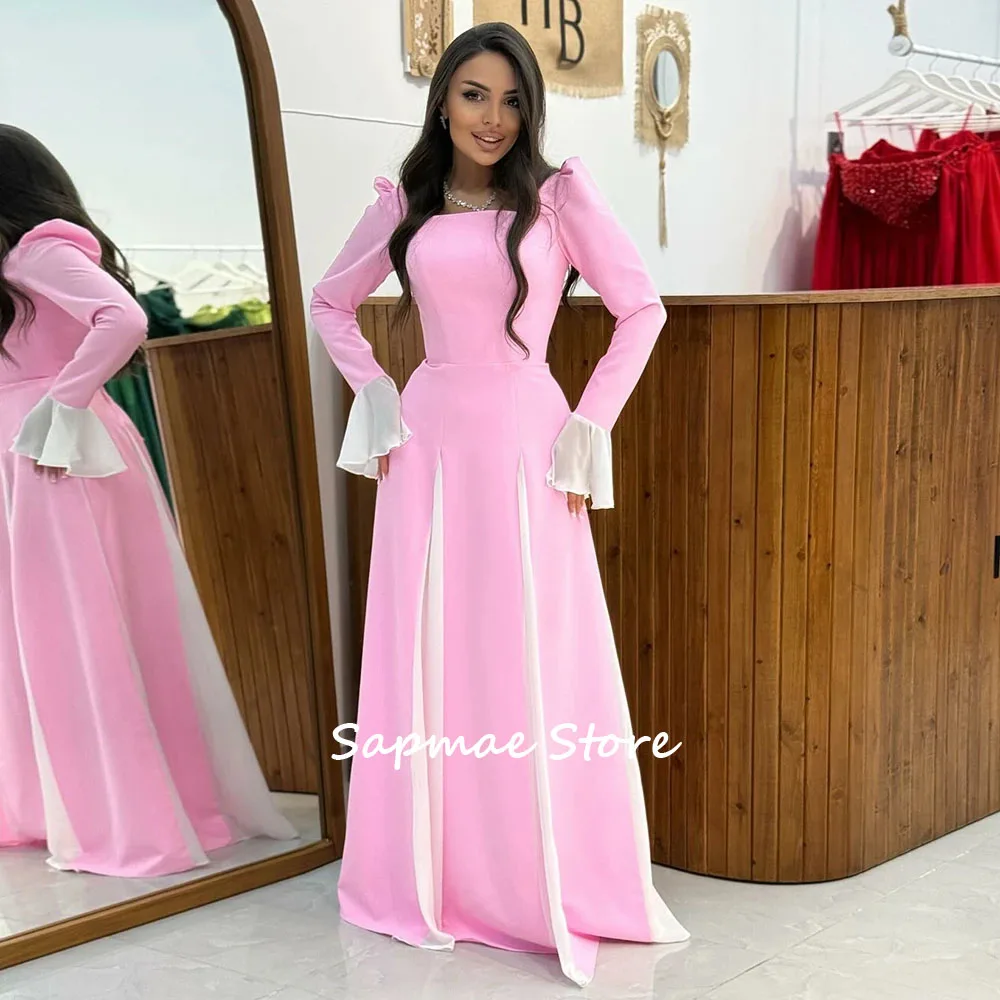 

Sapmae Customized Pink Long Sleeve Formal Evening Dresses Square Neck Floor-Length Prom Dress A-Line Party Dress