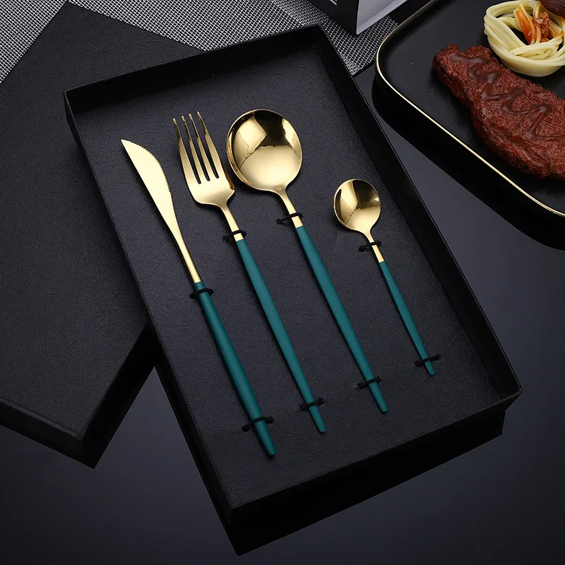 Golden Cutlery Stainless Steel Knife Fork Spoon Tableware Kitchen for Dinner Set For 12 People Porcelain Plate