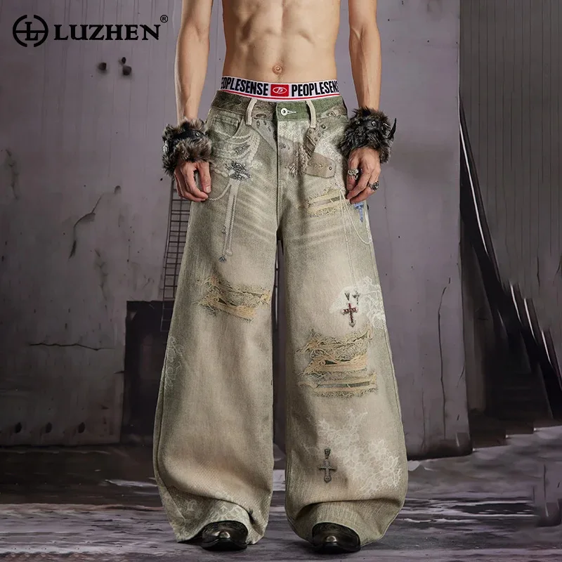 LUZHEN 2026 New 3D Printed Pattern Loose Straight Tube Jeans Men's Vintage Style Personalized Streetwear Male Denim Pants JY8794