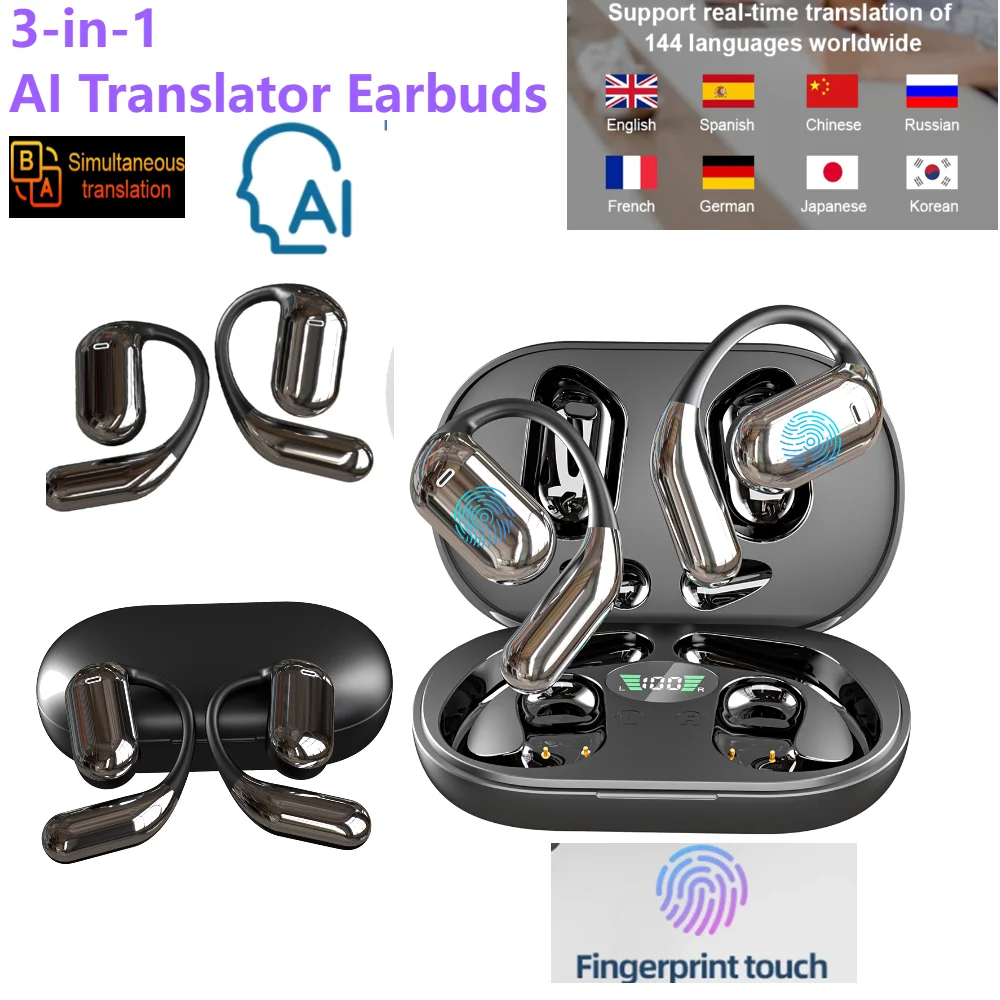 Fingerprint Touch BT Translation Earbuds Real Time 144 Languages Translation Earphone 3-in-1 Smart Voice Translator Headphones