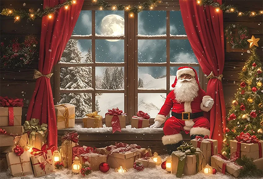 Mehofond Outside Santa Claus Party Photography Backdrop Family Kid Birthday Xmas Window Red Curtains Moon Decor Photo Background