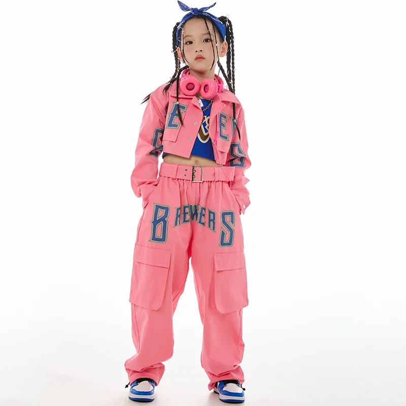 Manteau et pantalon de danse de rue pour enfants, tenue de scène, vêtements de danse jazz roses pour filles, costume hip hop, manches longues