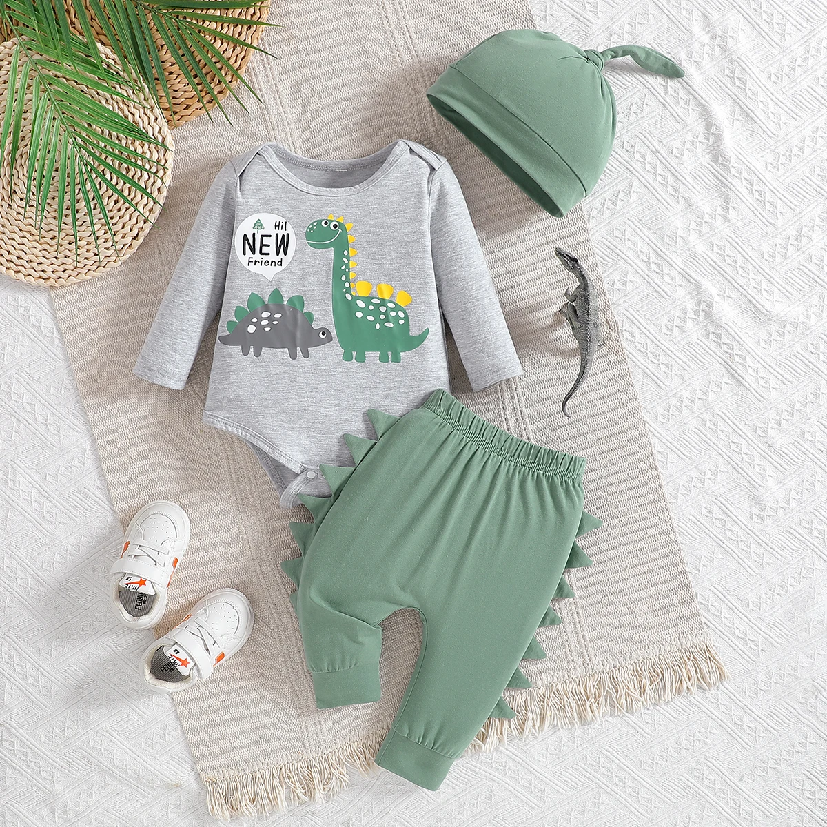 2025 Summer New Dinosaur Cartoon Print Long-Sleeve Hoodie, Long Pants + Hat Fashionable and Versatile Three-Piece Set