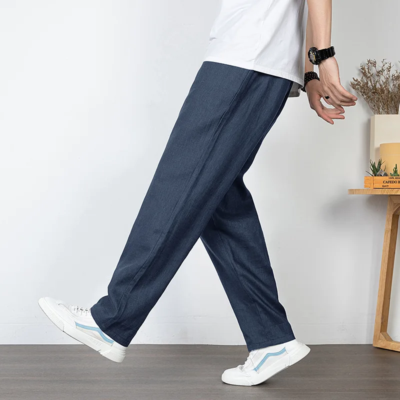 100% Linen Summer Thin Men's Straight Long Trousers Solid Color Basic Loose Casual Pants For Men Japan Trend Cotton Linen Pants