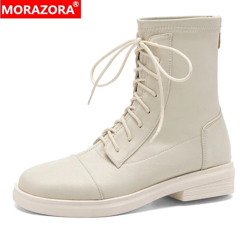 MORAZORA Plus Size 35-42 Stretch Boots Women Lace Up Square Low Heels Split Leather Autumn Winter Ankle Booties Ladies Shoes