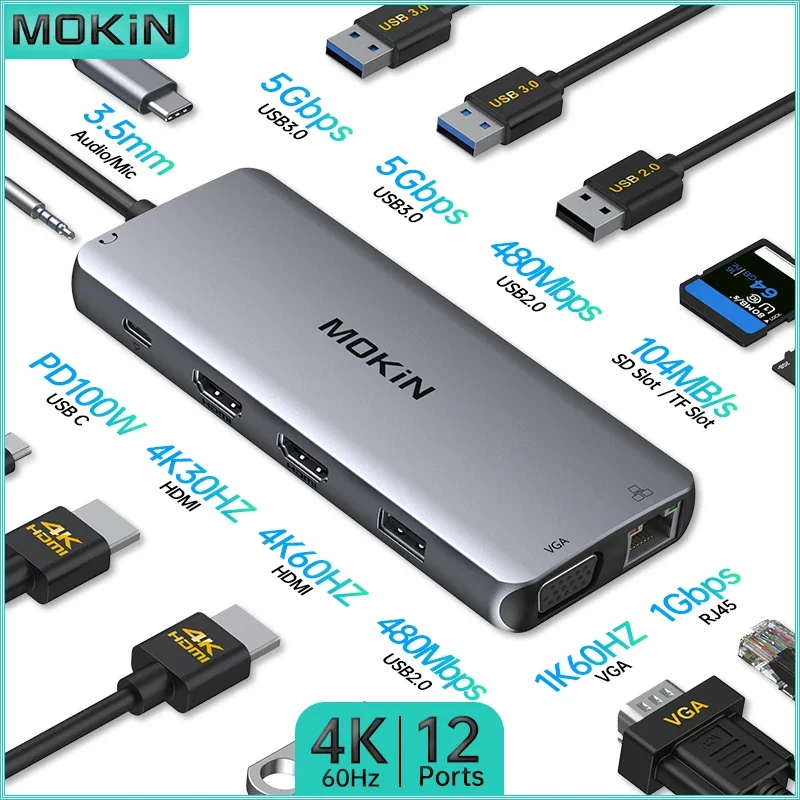 MOKiN 12 in 1 Docking Station USB 3.0 HDMI 4K60Hz 4K30Hz PD 100W RJ45 1Gbps Audio for MacBook Air/Pro iPad Thunderbolt Laptop