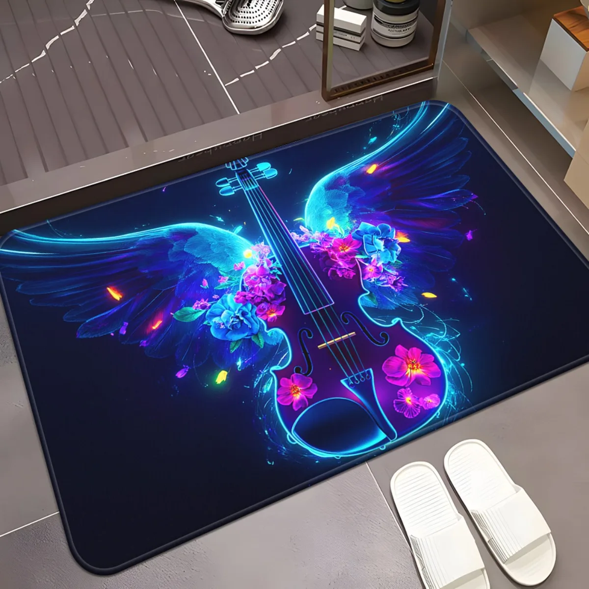 1pc Violin with Wing-Like Extensions & Floral Design HD Printed Non-Slip Absorbent Machine Washable Polyester Mat for Bathroom,