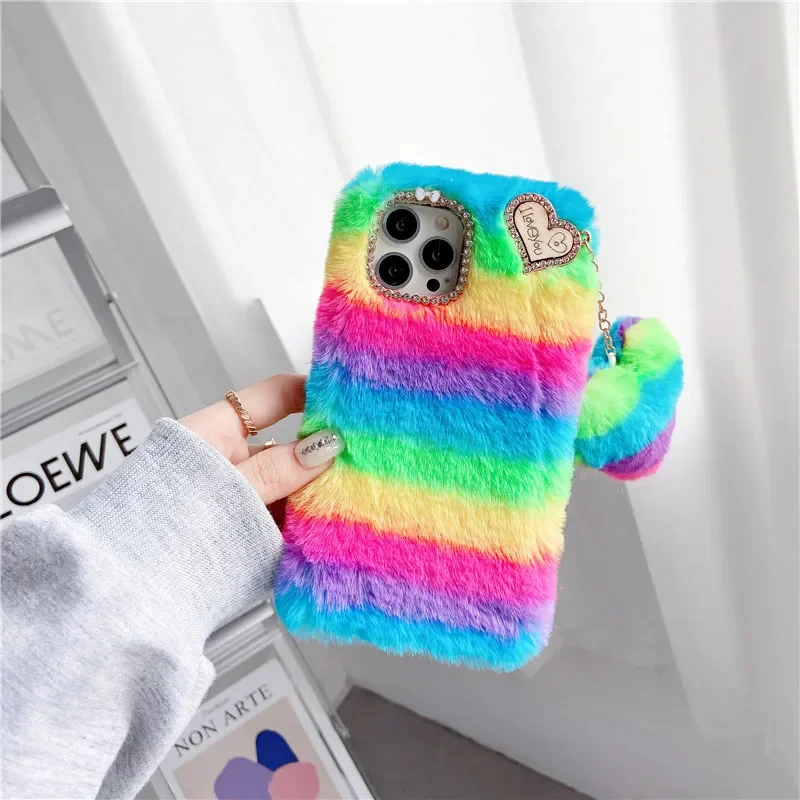 Cute Fluffy Fur Case Rainbow Phone Cases For Xiaomi Poco F4 M5S X6 X5 12T 13 Redmi Note 12 Pro 11A 10A 10C 12C A2 A1 Soft Cover