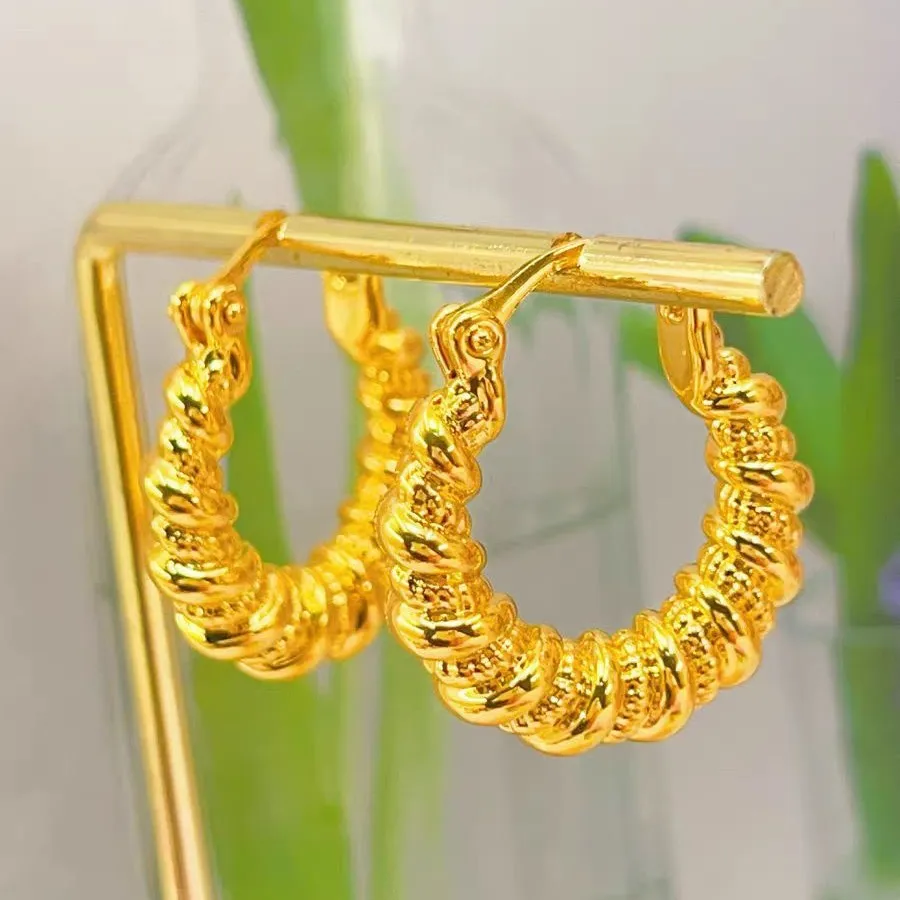 

Women's 24K Gold (AU999) Light Luxury Twist Hoop Earrings | Faceted twist hoop, embossed braid patterns with rose quartz