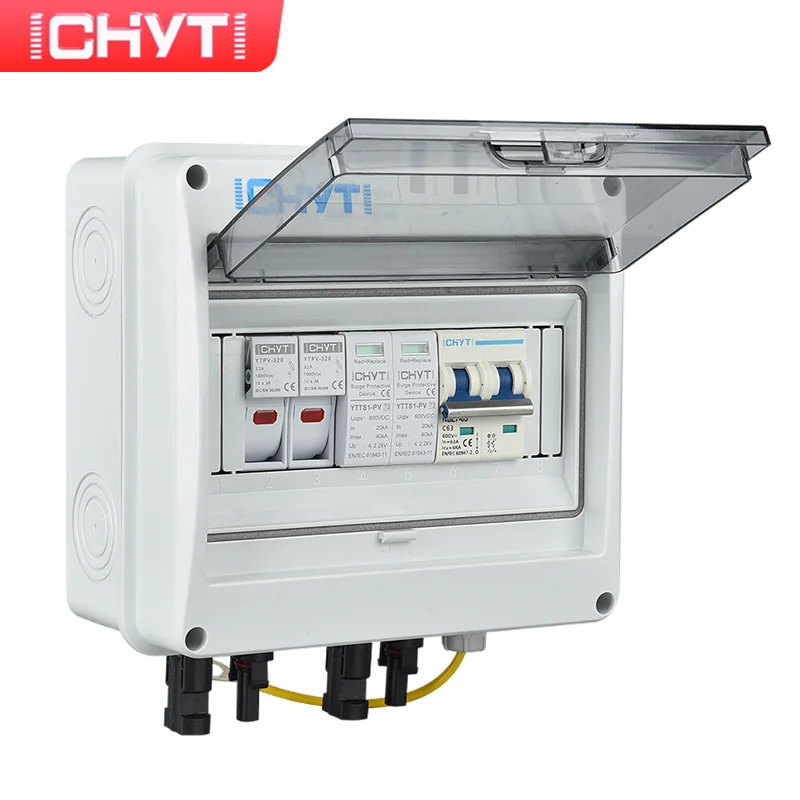 

Новый продукт CHYT 1-в-1-out 600 в наружная Водонепроницаемая 1 струна IP65 PV солнечная Защита от перенапряжения вспышки блок-комбайнер постоянного тока