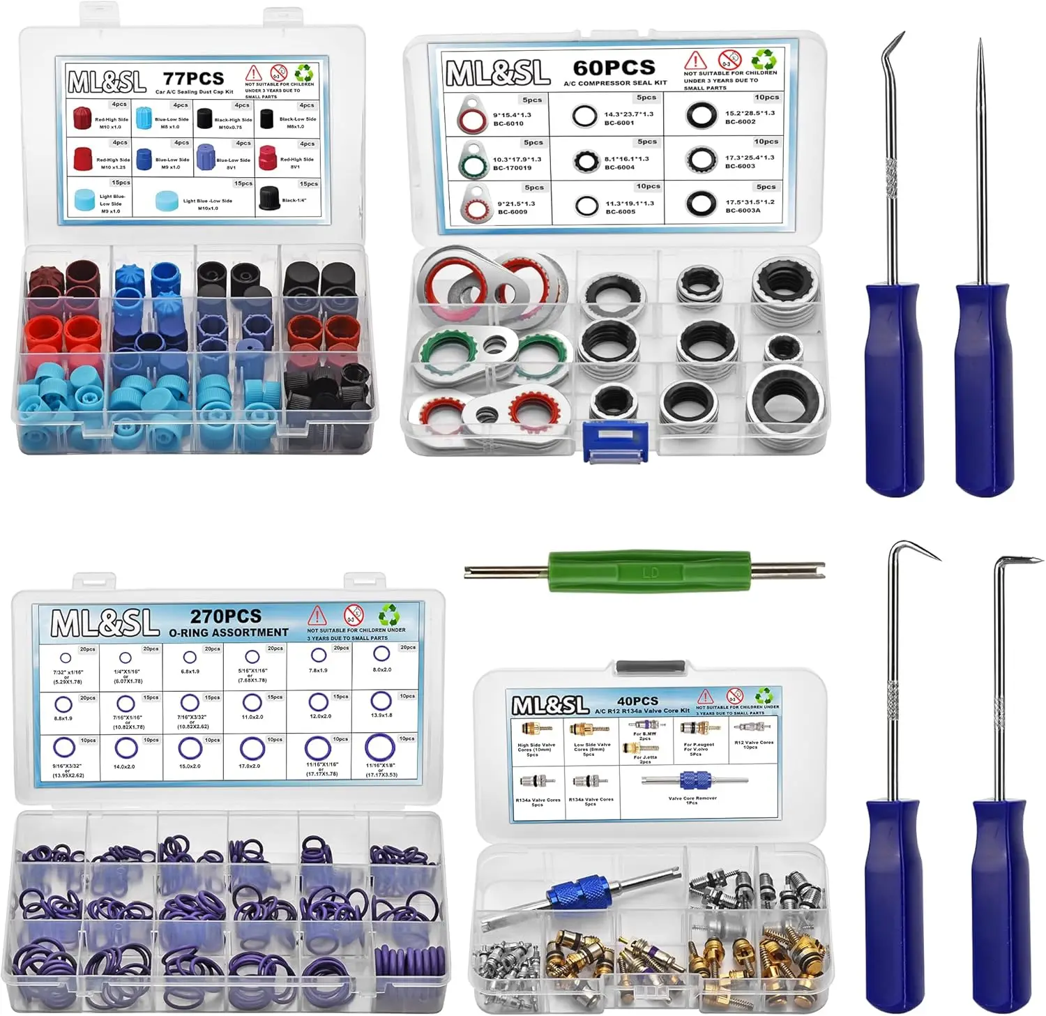 

5 Set Car A/C Repair Kit: O-Ring, Valve Cores, Tools, Dust Caps, Gaskets for R12/R134a