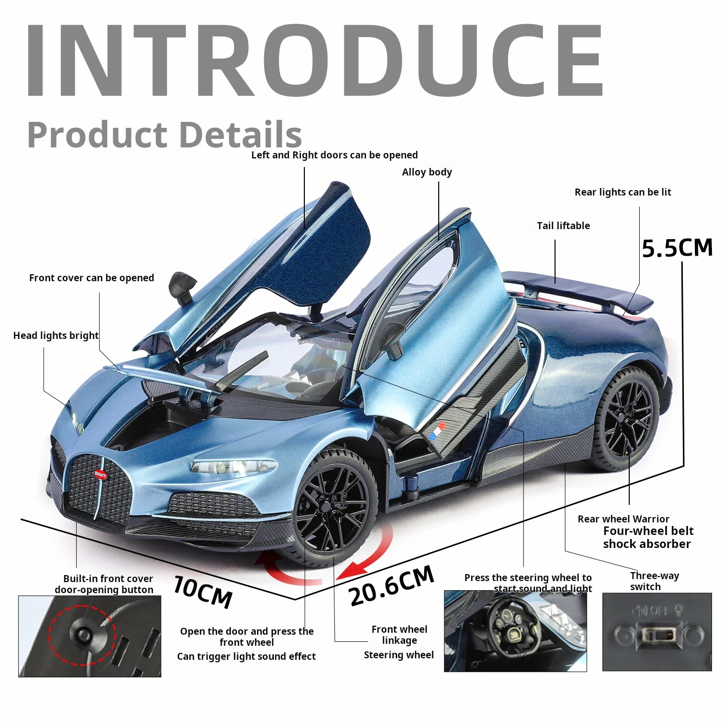 Scala 1:24 Simulazione Bugatti tourbillon Pressofuso in lega Modello di auto d'epoca Suono Luce Tirare indietro ragazzi giocattolo Regalo per bambini