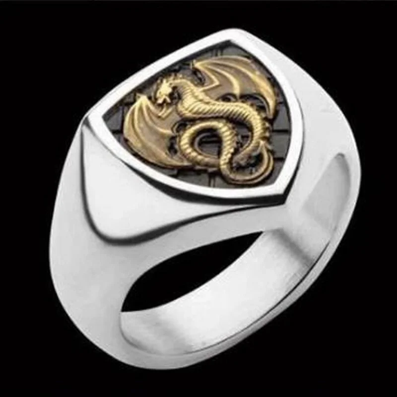 Vintage Zilver Kleur Punk Dragon Ring Man Koperlegering Shield Biker Ring