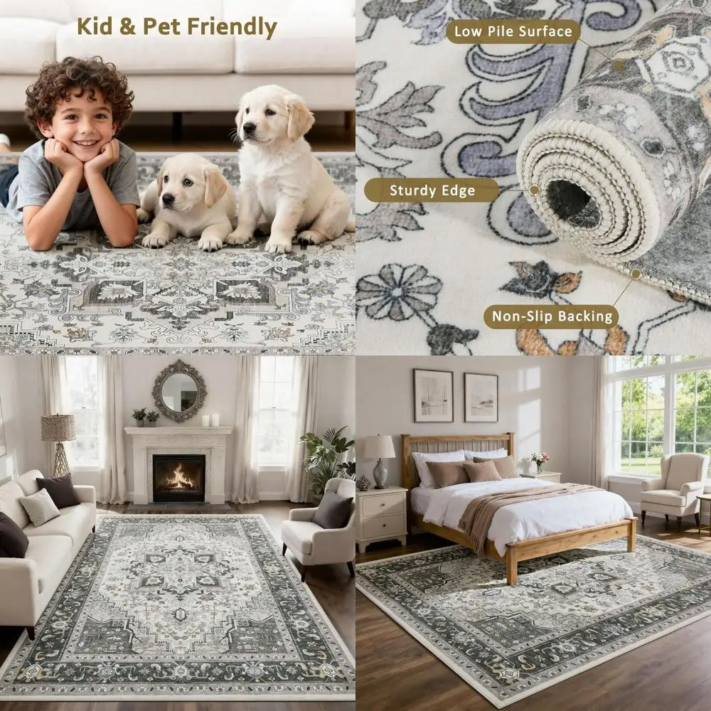 

8x10 Washable Low Pile Vintage Rugs for Living Spaces, Soft Boho Style with Non-Slip Rubber Backing