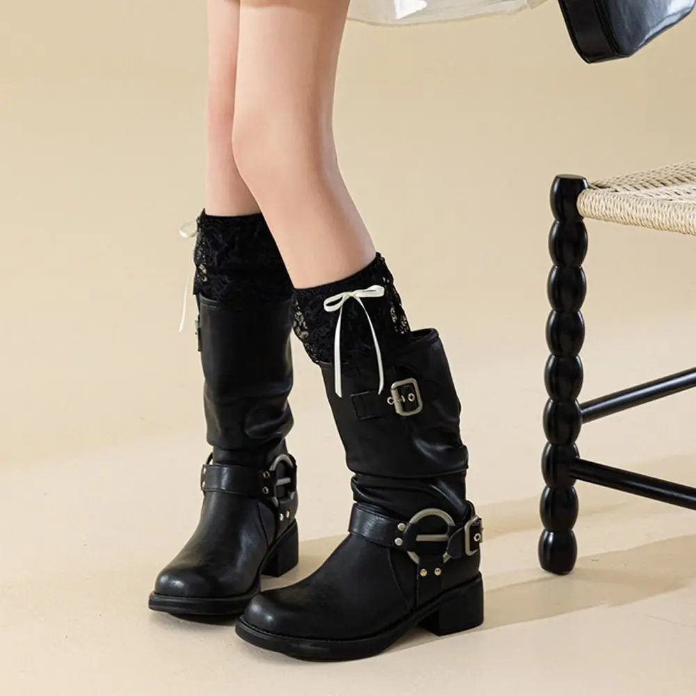 

New Lace Ruffle Long Socks College Style Kawaii Stockings Ribbon Bow Warm Socks Women