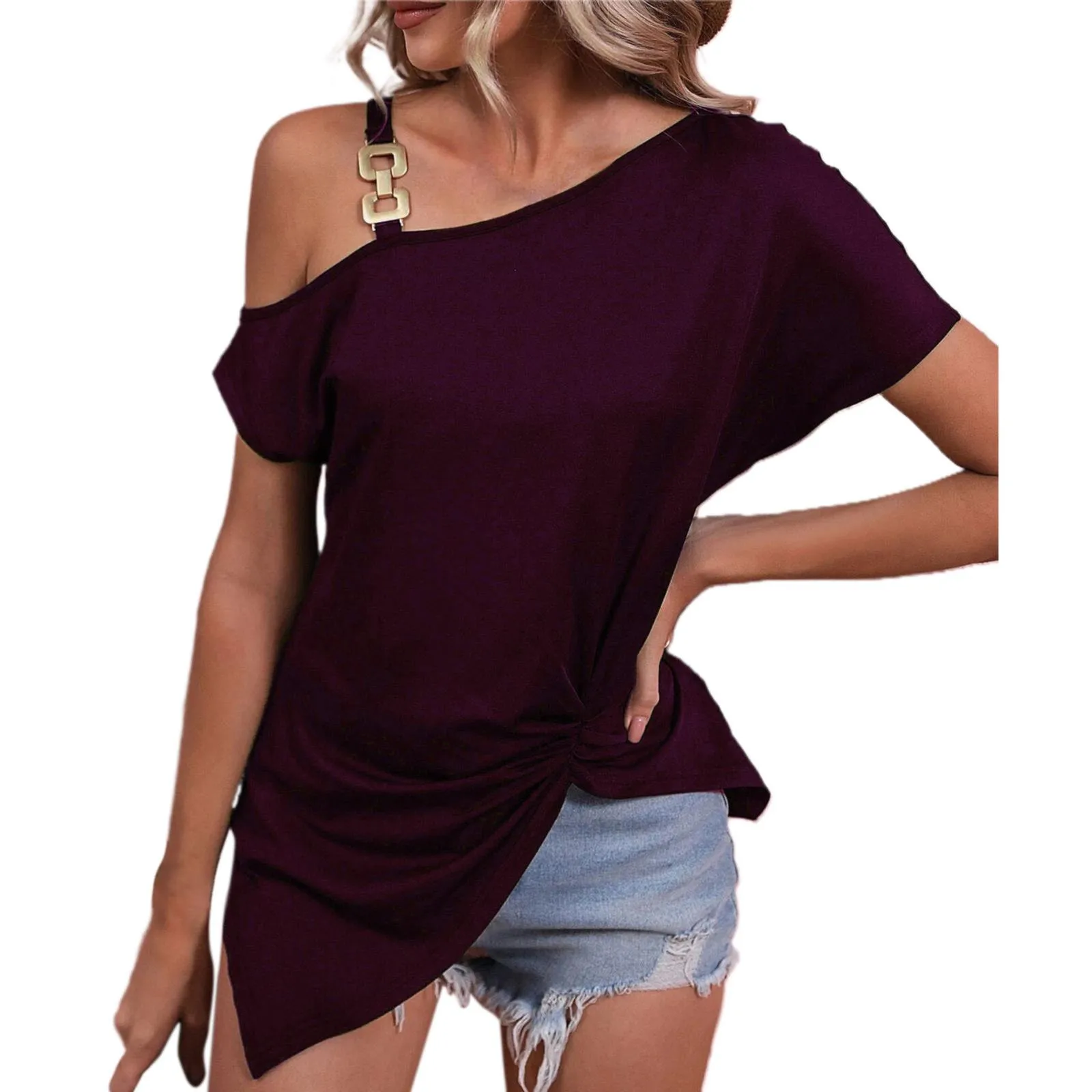 One Off Shoulder Tops Women Sexy Asymmetrical Solid Color Short Sleeved T-Shirt Smocked Hem Buckle Straps Elegant Ladies Clothes