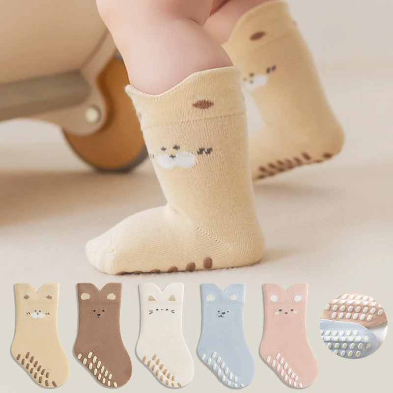 3/5 Pairs Newborn Child Anti-slip Socks Cartoon Soft Cotton Non-slip Socks Infant Walking Socks for Baby
