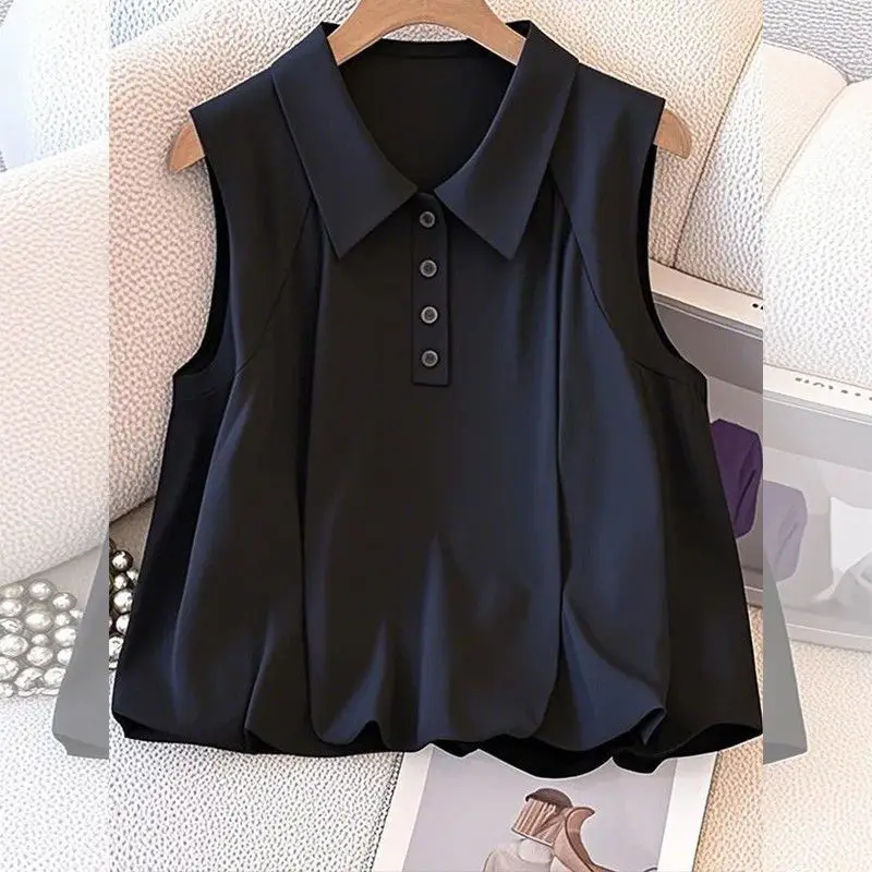 

Women's Fashion Lapel Button Pleated Sleeveless Blouse 2026 Summer New Versatile Casual Short Top