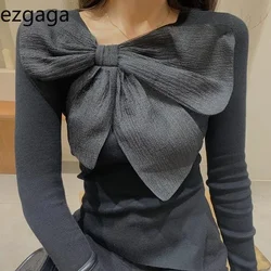 Ezgaga Elegant Crop Tops Women Bow Diagonal Collar Long Sleeve 2024 Winter Ins Fashion Chic Basic T Shirts Female Casual