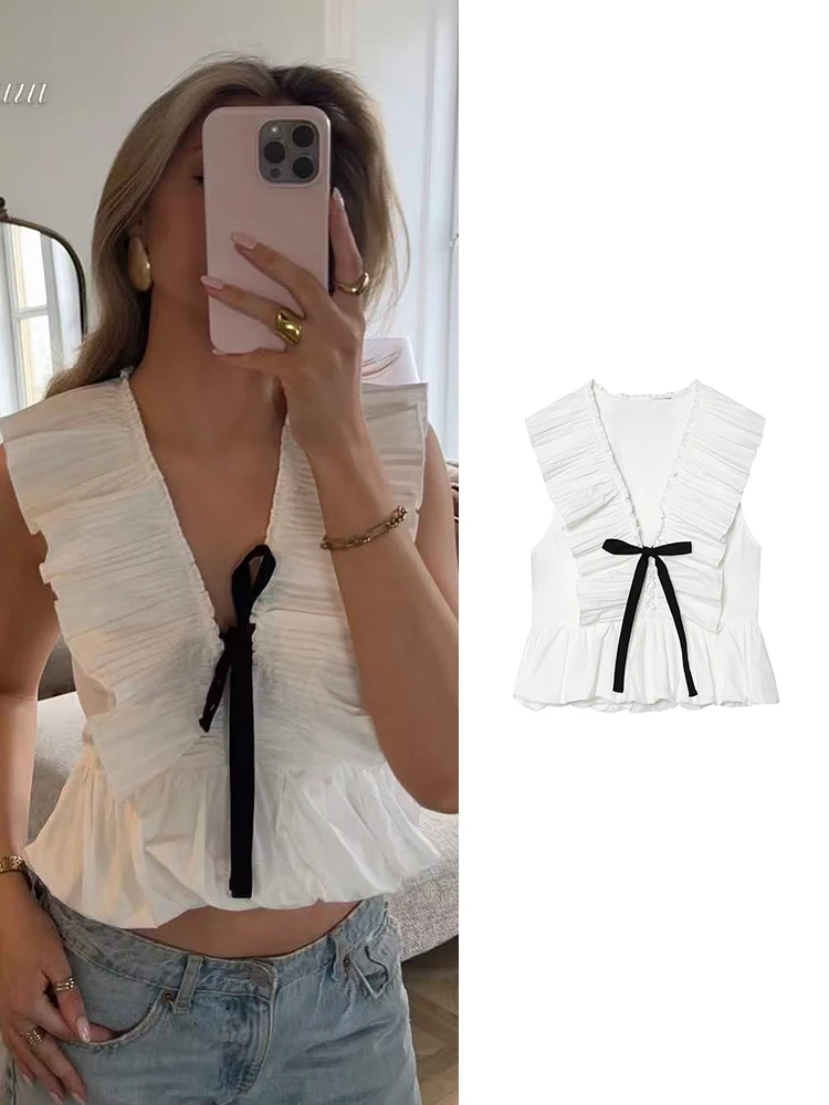 New Women's Folded Effect Shirt Bow Decoration V-neck Sleeveless Top Solid Slim Fit Fashion Commute Style Casual Ladies Blouse