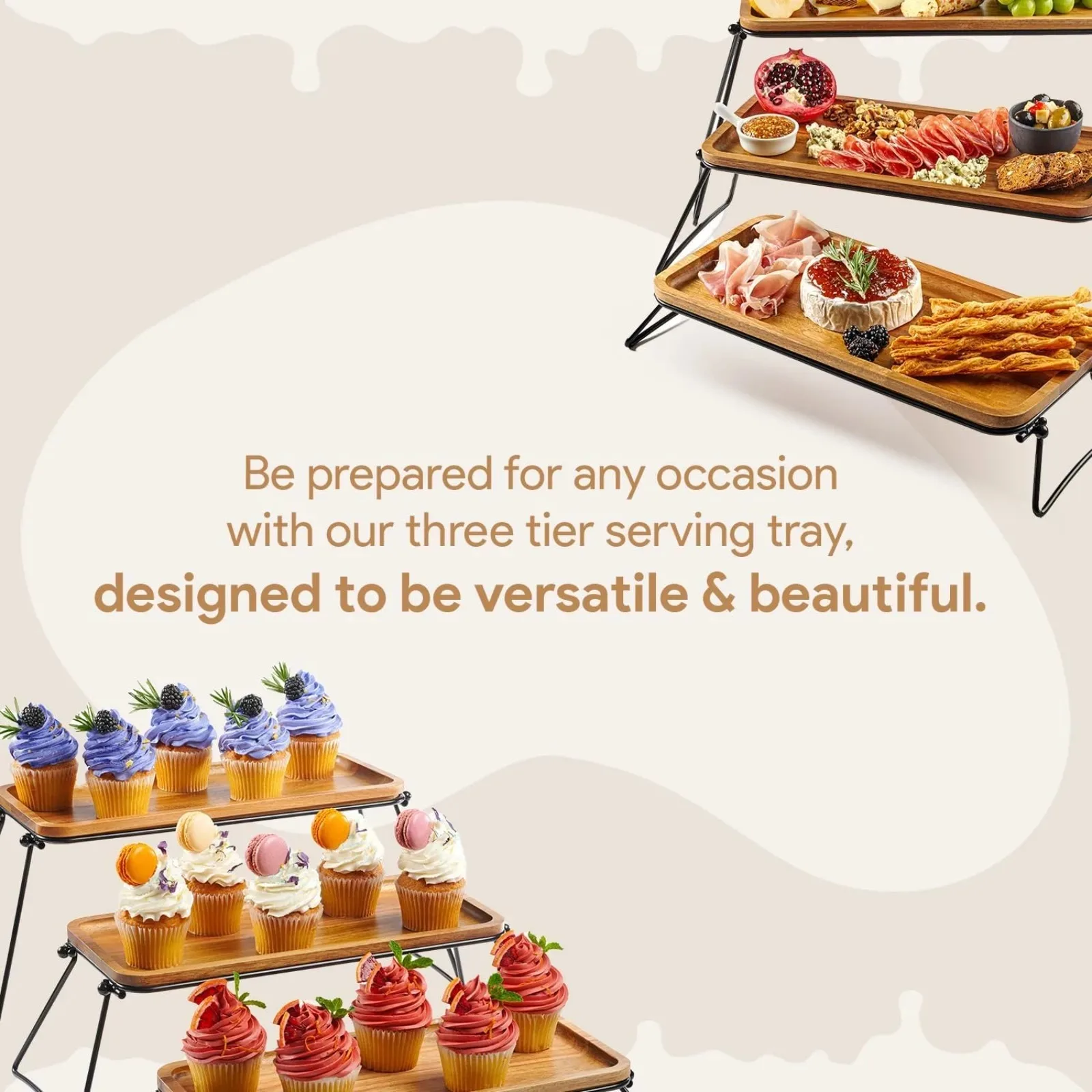 Imagem -02 - Tiered Acacia Wood Serving Tray Stand Cupcake Cake Sobremesa Charcutaria Boards e Food Display Stand Eua 3