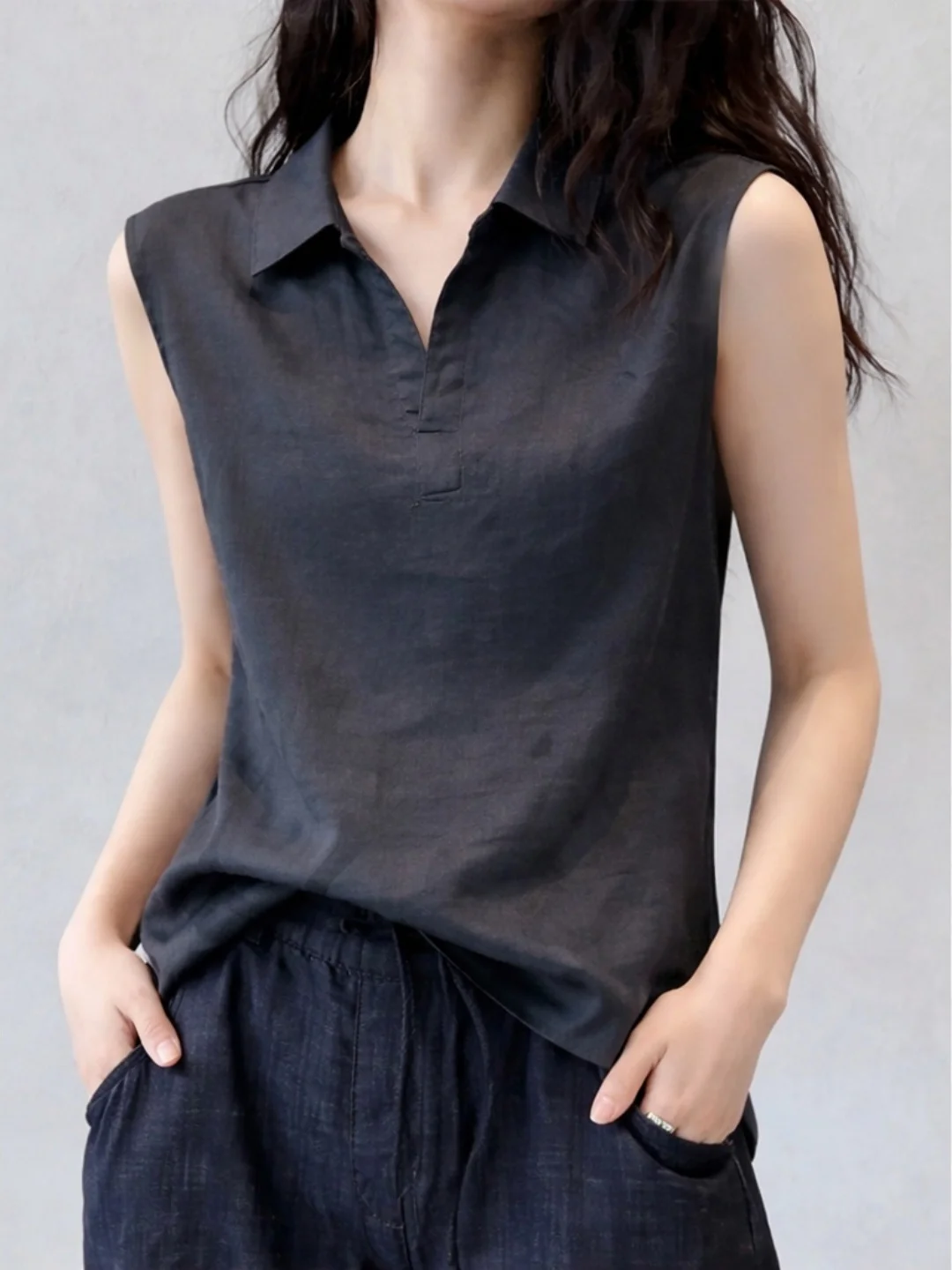 

Summer Commute Fashionable Sleeveless Shirt Women's Soft Slimming Vest Stand Collar Comfortable Korean Style Straight Cut Top