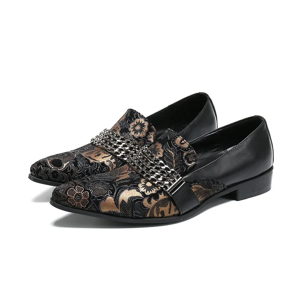British Style Embroidery Prints Genuine leather Loafers for Men Metal Chain Decor Pointed Toe Chunky Heel Male Derby Shoes