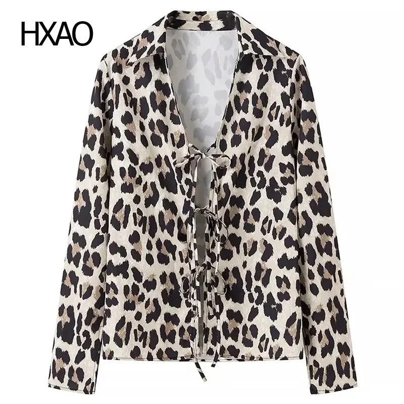 

HXAO Women's Leopard Print Bow Shirt Women Fashion Slim Blouses With Long Sleeves Spring Summer Casual Lapel Shirt For Females