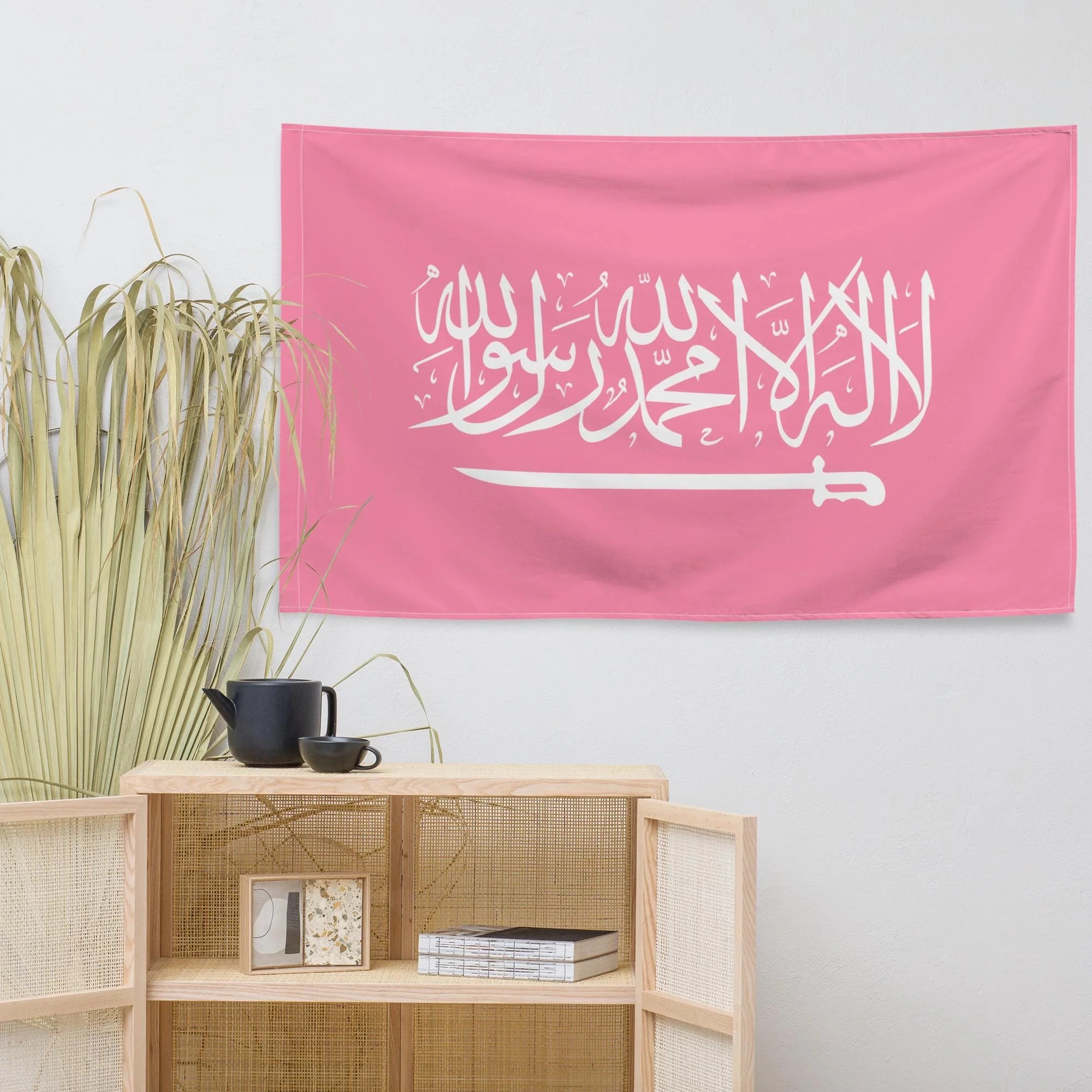 Pink Background White Arabic Letter Sword Pattern Tapestry Flag Decor Wall Hanging Art Backdrop For Room Indoor Decoration