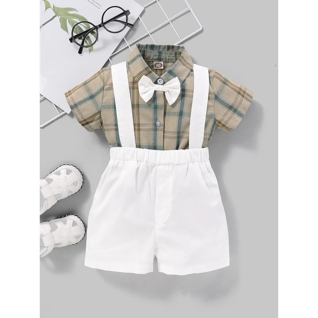 2PCS Clothes Set Newborn Baby Boy Bow Short Sleeve Bodysuit+White Overalls Fashion Gentleman Suit for Toddler Boy 3-24 Months