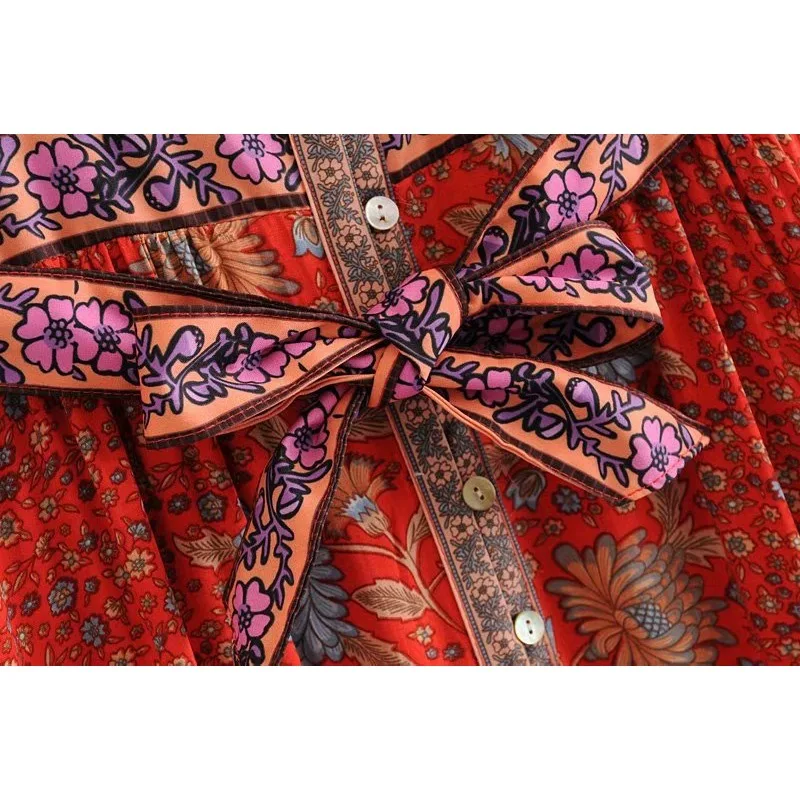 ผู้หญิงฤดูร้อนดอกทานตะวันพิมพ์แขนบานผูกเอวหลวมพอดีชุด Boho Maxi