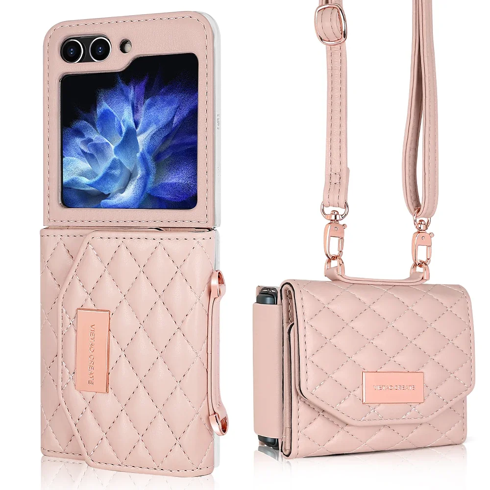 Crossbody Cards Solt Leather Wallet Case for Samsung Galaxy Z Flip 6 5 4 3 5G Flip6 Flip5 Strap Diamond Triple Fold Bag Cover