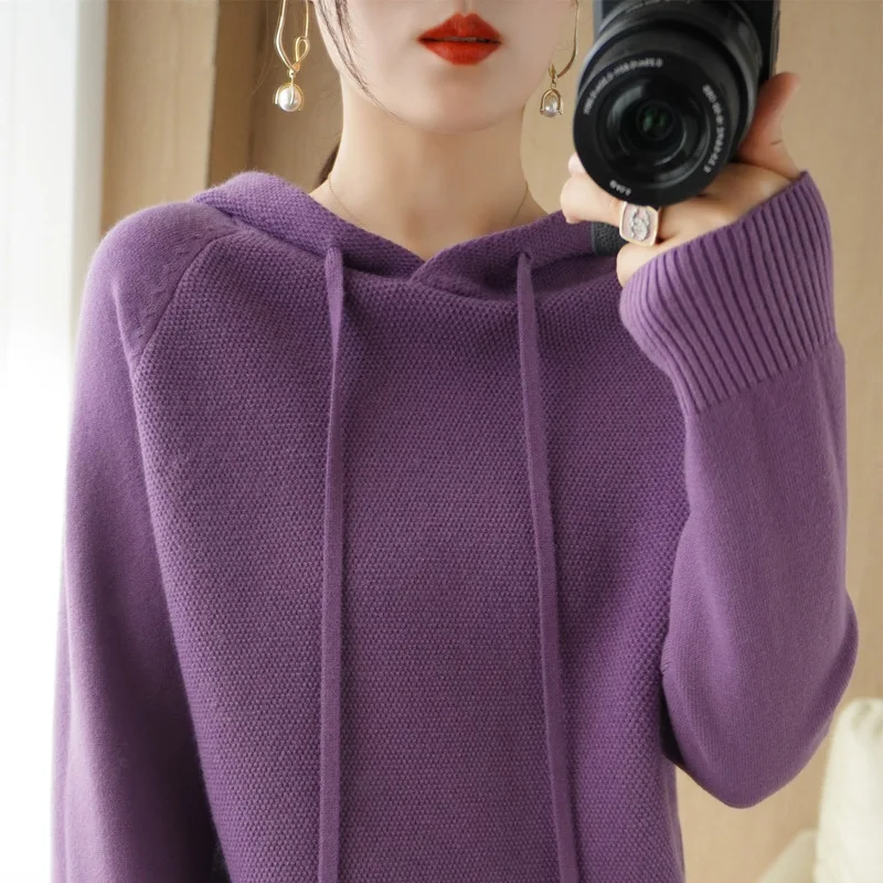 Cozy Hooded Knit Top Women Drop Shoulder Drawstring Ribbed Cuffs Sweatshirt Casual Fall Daily Wear