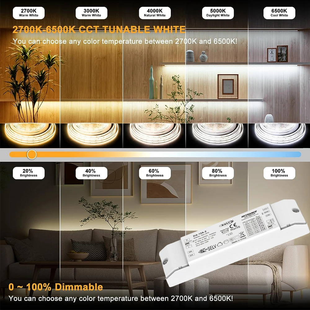 Imagem -02 - Adaptador de Alimentação Regulável Driver Regulável Suporte Dali2 Dimming Mode Pwm Escurecimento Digital para Cct Cor Lâmpada Led Dt8 Dali Cct 12w