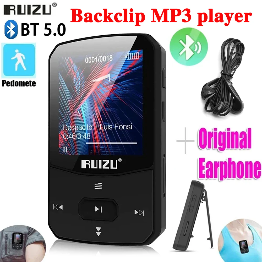 8/16GB RUIZU X52 Bluetooth 5.0 MP3 Player Portable Back Clip Music Walkman FM Recording Clock Pedometer E-book Album MP3 Player