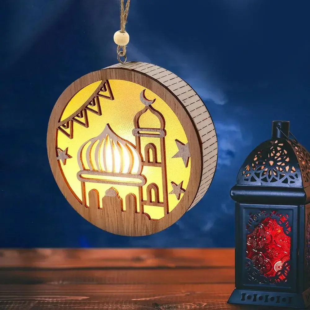 2024 Eid Led Light Hanging Decorations Eid al-Fitr Night Light Palace Patterned Wooden Hanging Pendant Light up Ornaments