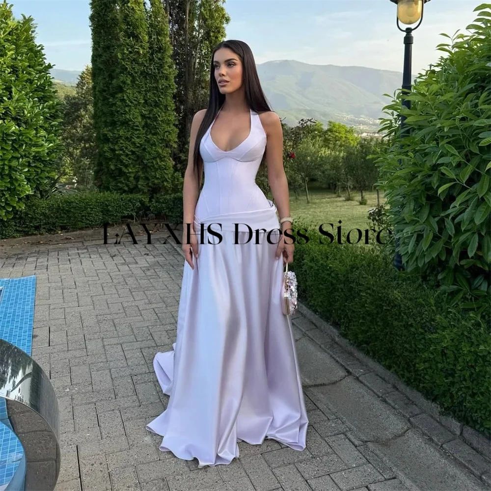 LAYXHS Simples Roxo Halter Vestido de Noite A Linha Lace Up Sem Mangas Mulheres Vestidos de Baile Personalizado فستانmavera