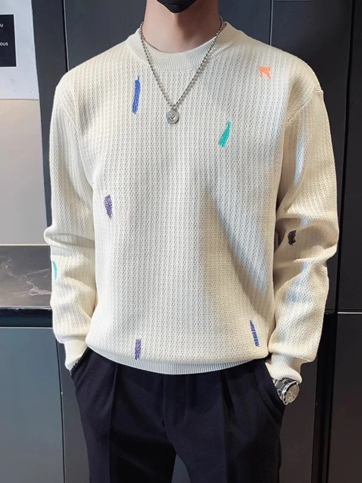 

Laid-ba корейский трикотаж с вышивкой, мужской модный круглый свитшот Ne Jaet Street Sle, осенний длинный све