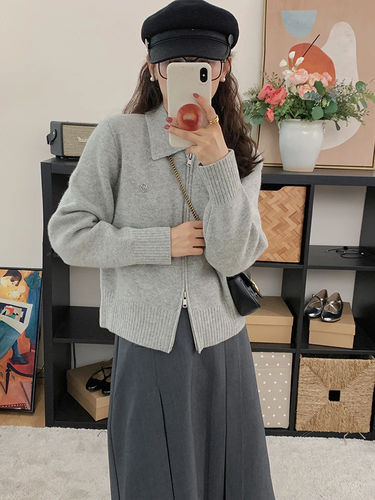 

Утепленный шерстяной вязаный кардиган на молнии для женщин, осенне-зимний, с отложным воротником, стандартной длины, для повседневной носки