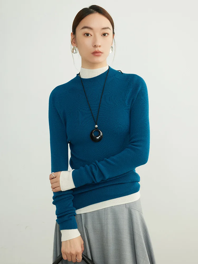 SuyaDream, Women Pullovers, 100%Sheep Wool, Mock Neck, Whole Garment Ribs Basic Sweaters, 2024 Fall Winter Slim Warm Top, Blue