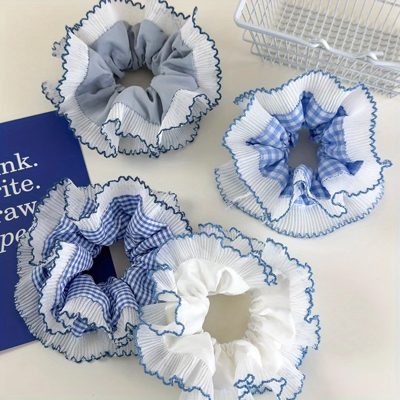 Lazo para el pelo con lazo a cuadros azules, moño con ribete de encaje de doble capa y diadema con cola de caballo, accesorio para el cabello dulce y fresco