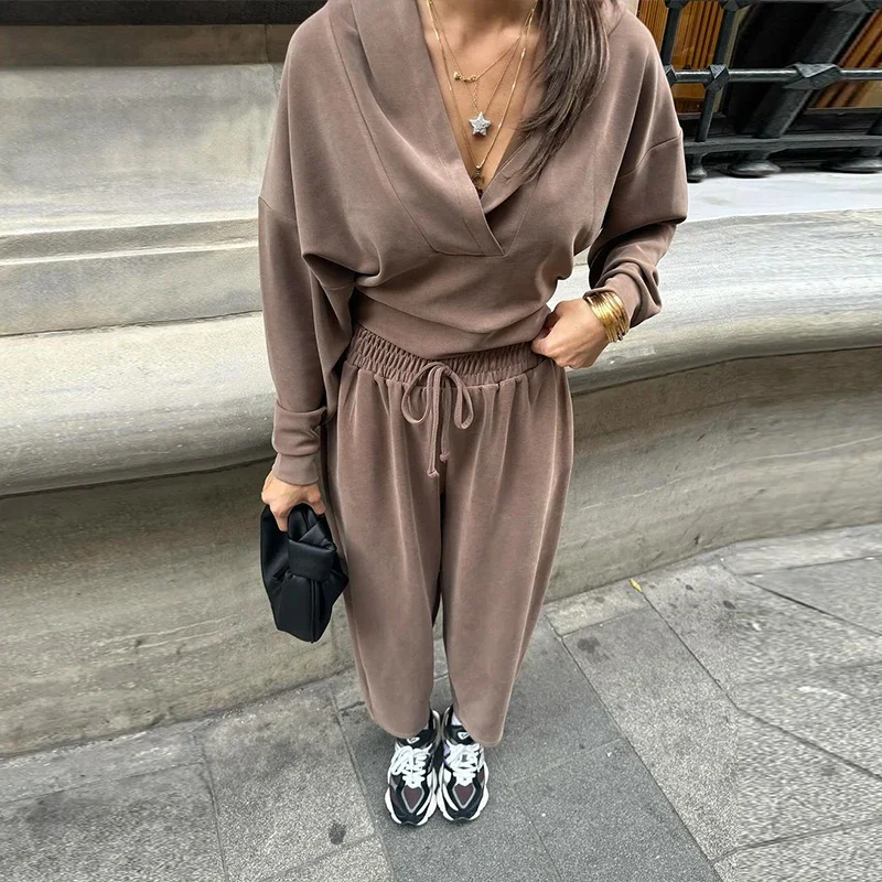 

Autumn High Waist Lace-up Pants Women Set Casual V Neck Long Sleeve Top + Pants Suit Simple Fashion Solid Color Sweatshirt Suit