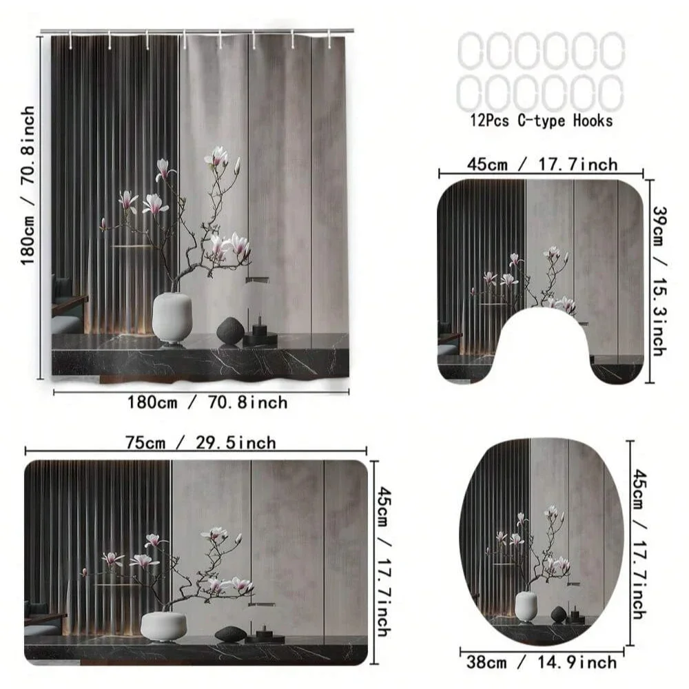 

4pcs Modern style printing Shower Curtain Set With 12 Hooks, Anti-Slip Bathroom Mat, U-Shaped Toilet Rug, Bathroom Curtain Set